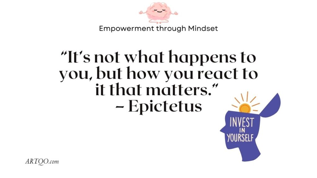 A quote says, “It’s not what happens to you, but how you react to it that matters.” The image features a human silhouette with “Invest in Yourself” written inside and a sun illustration.