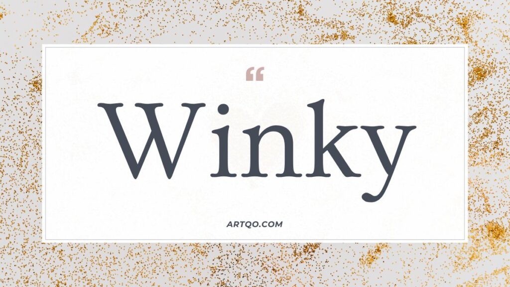 The word "Winky" is centered in elegant, dark gray serif text on a white background, surrounded by a border of gold glitter dots. The tone is festive and classy.