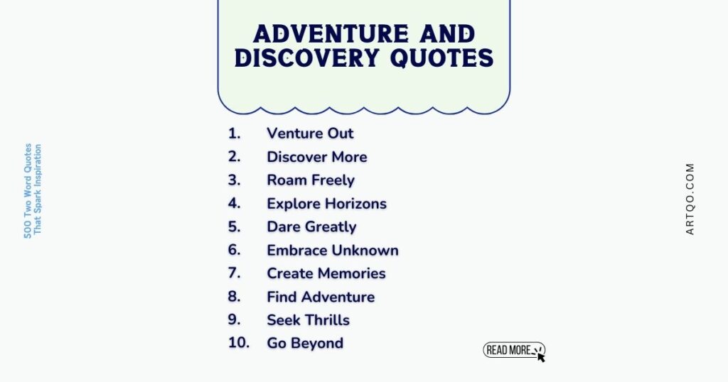 List of ten adventure-themed quotes on a light background, titled "Adventure and Discovery Quotes." Encourages exploration and thrill-seeking.