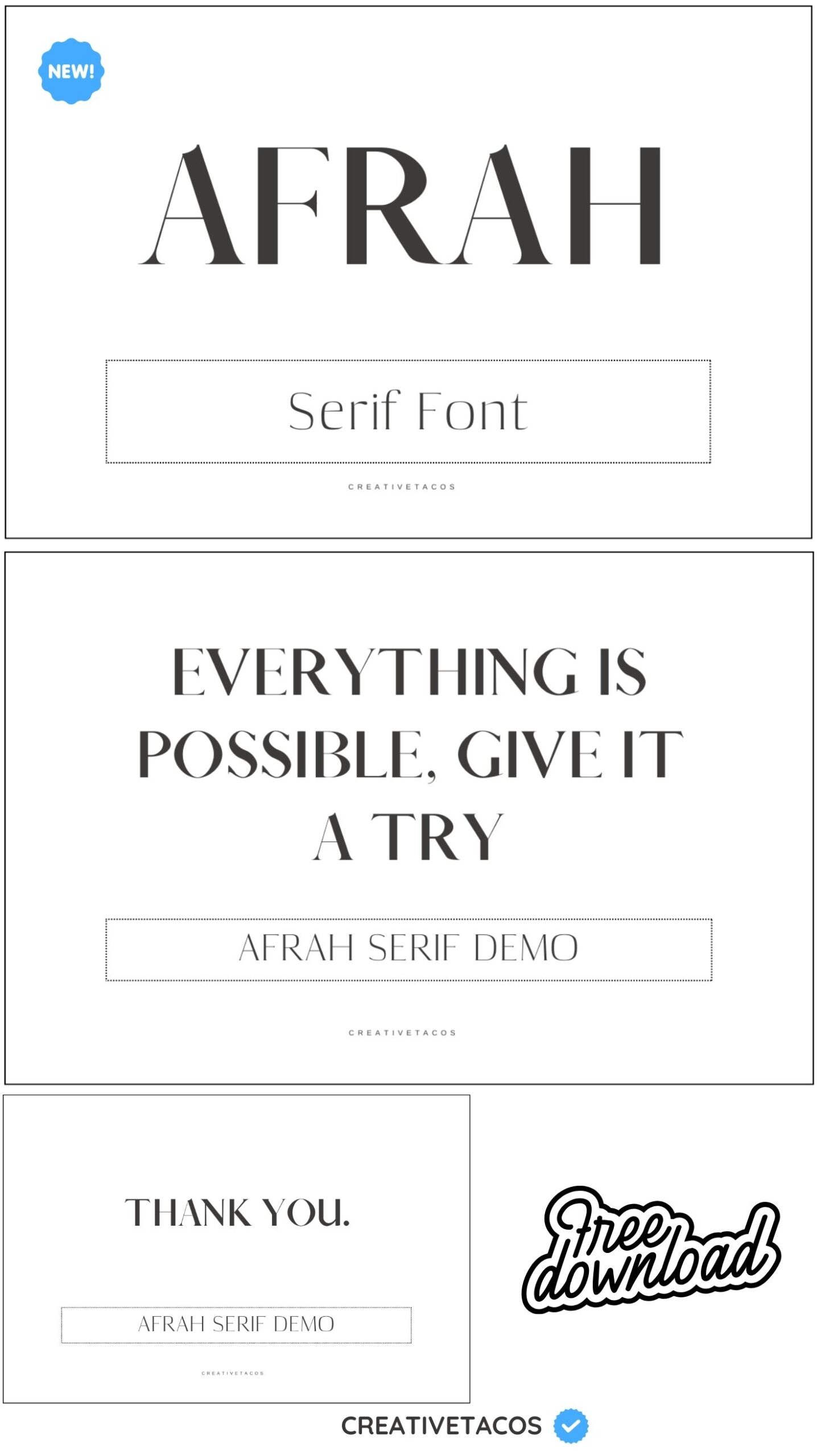 "Promotion for Afrah serif font. Includes phrases 'Everything is possible, give it a try' and 'Thank you.' Offers free download by Creativetacos."