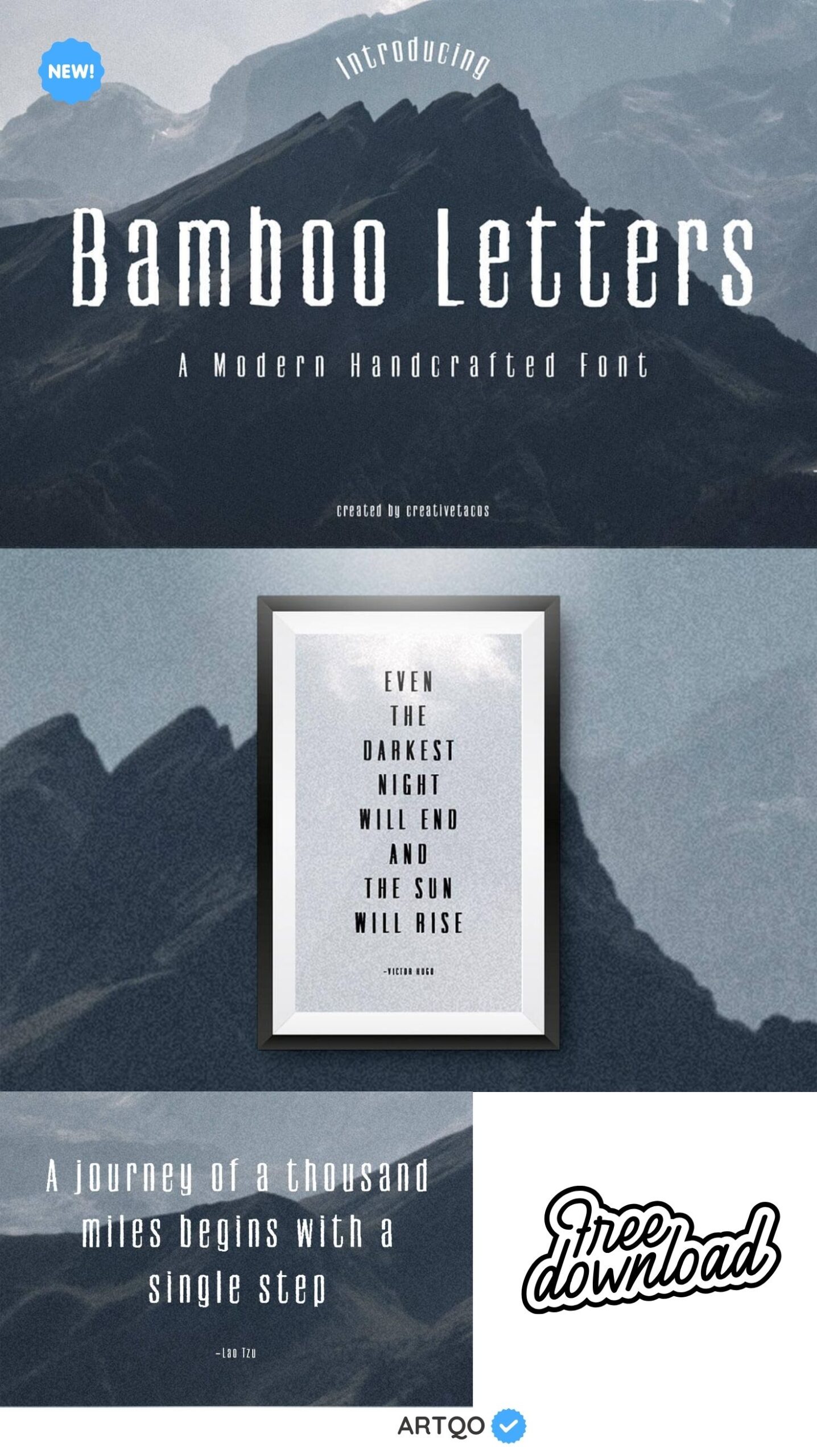 "Advertisement for Bamboo Letters font over a mountainous backdrop. Features quotes by Victor Hugo and Lao Tzu in modern, handcrafted typeface, with a 'Free Download' tag and a serene, inspirational tone."