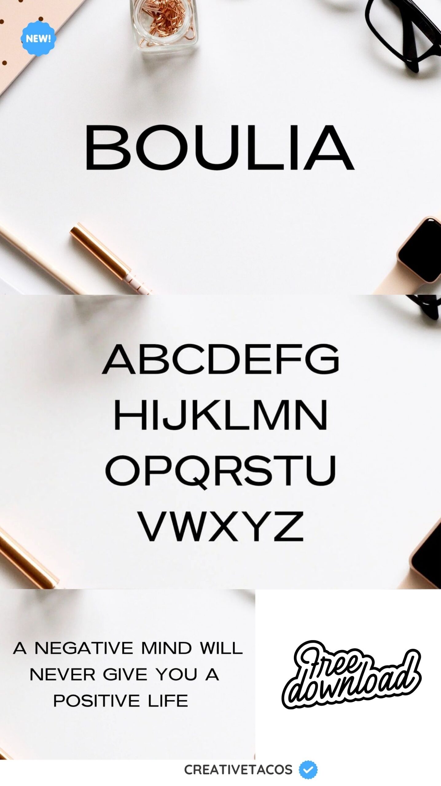 Minimalistic advertisement for the "Boulia" font, showing uppercase letters A-Z, a motivational quote, and items like pens and glasses on a white background.