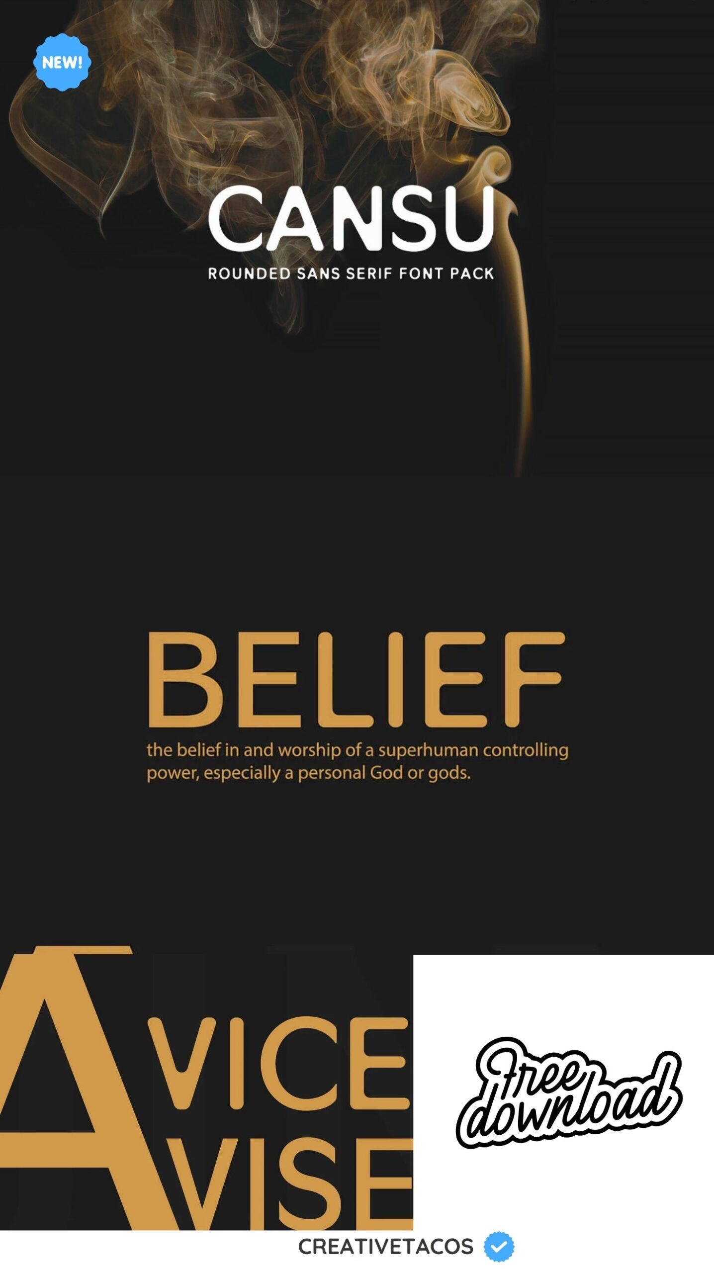 "Promotional image for the Cansu rounded sans serif font pack. Features elegant smoke pattern, bold text 'Belief,' and 'Free Download' badge. Creative and modern design."