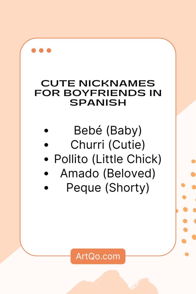 Alt text: "Peach-themed graphic listing cute Spanish nicknames for boyfriends: Bebé, Churri, Pollito, Amado, Peque. Includes English translations."