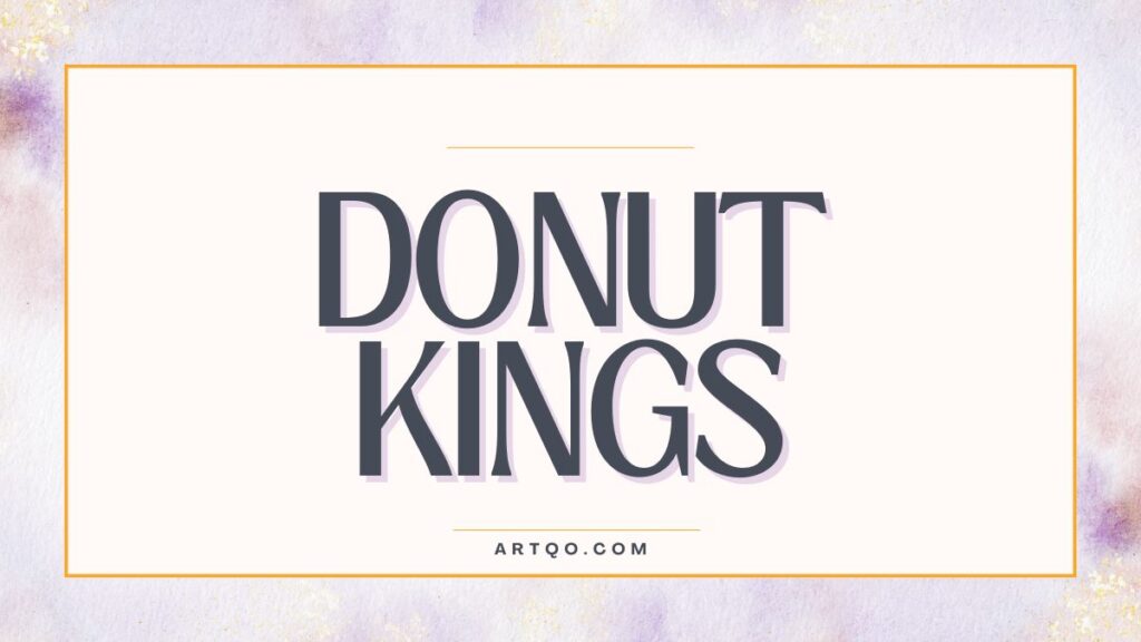Text reads "DONUT KINGS" in bold, dark gray font with a subtle shadow, centered on a white background. Light pastel and orange borders add elegance.