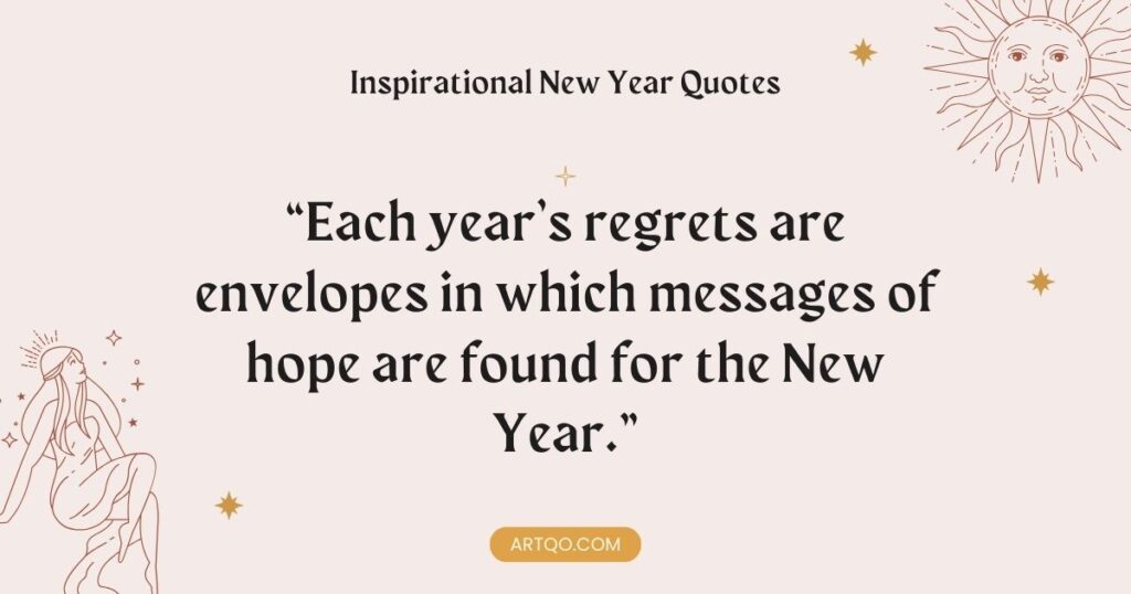 Inspirational New Year quote on a light background with celestial illustrations of a sun and a seated figure. Tone is hopeful and motivational.