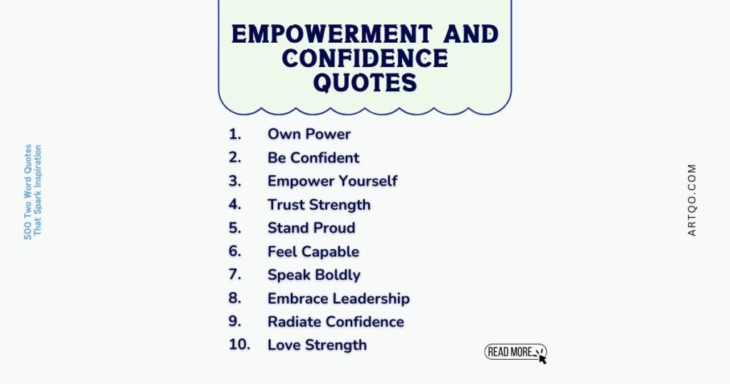 "List of empowerment and confidence quotes on a light background. Highlights include 'Own Power,' 'Be Confident,' and 'Radiate Confidence.'"