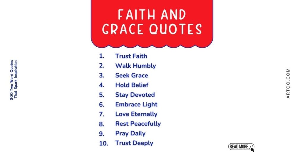 Red banner with "Faith and Grace Quotes" over a white background. Lists 10 phrases like "Trust Faith" and "Pray Daily" in blue text. Calm, inspiring tone.