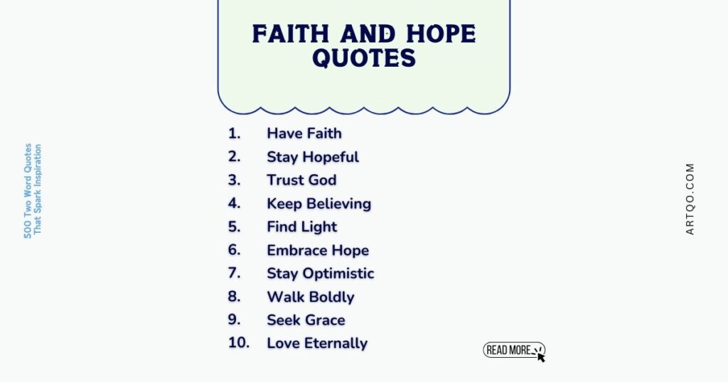 "List of ten 'Faith and Hope Quotes' including 'Have Faith,' 'Trust God,' 'Embrace Hope,' on a light background. Inspirational and uplifting tone."
