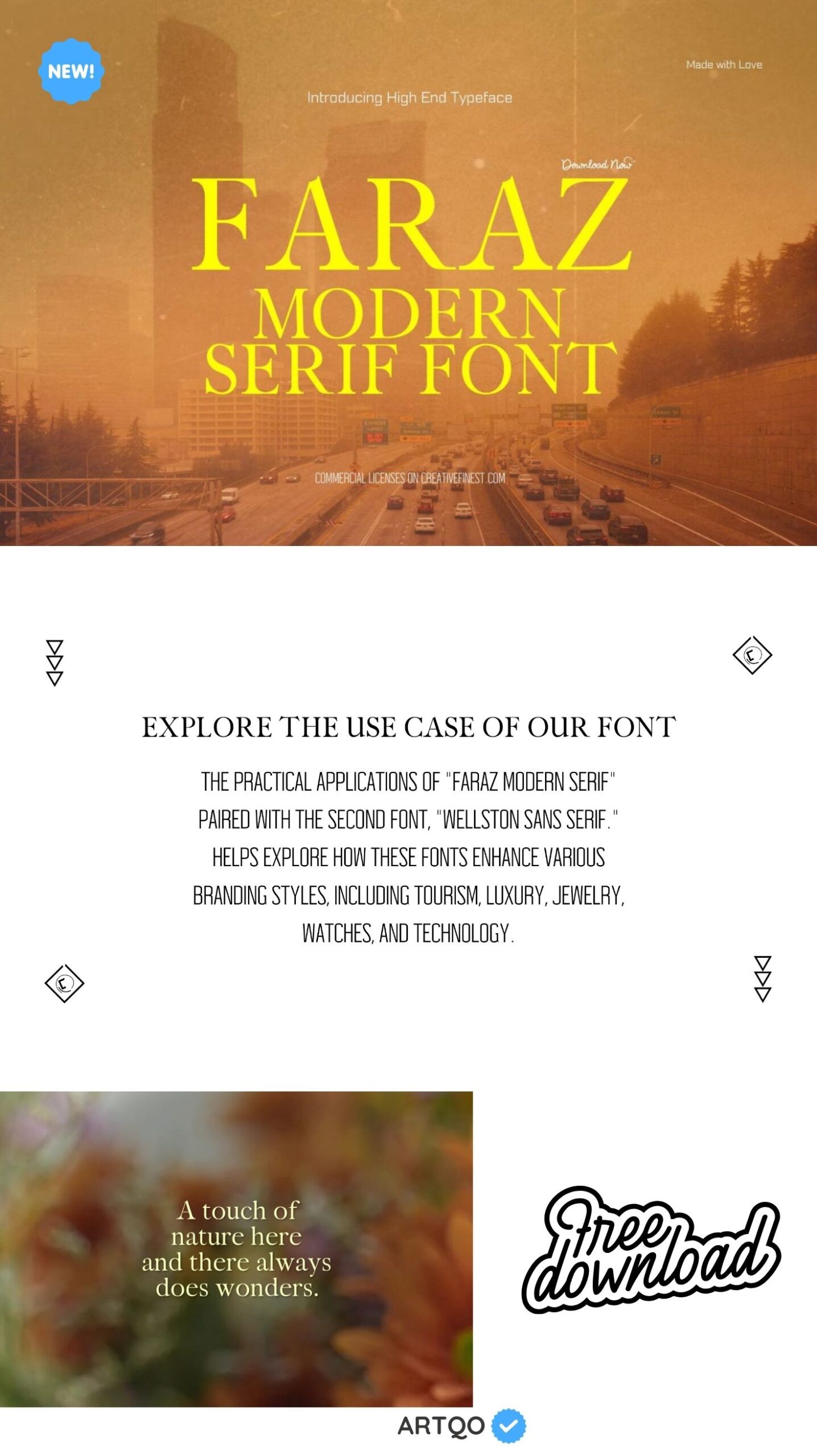 "Advertisement for 'Faraz Modern Serif Font' featuring a cityscape with warm tones. Text highlights font applications in luxury and technology. Includes a note about nature's wonders and a 'Free Download' badge. The tone is professional and elegant."
