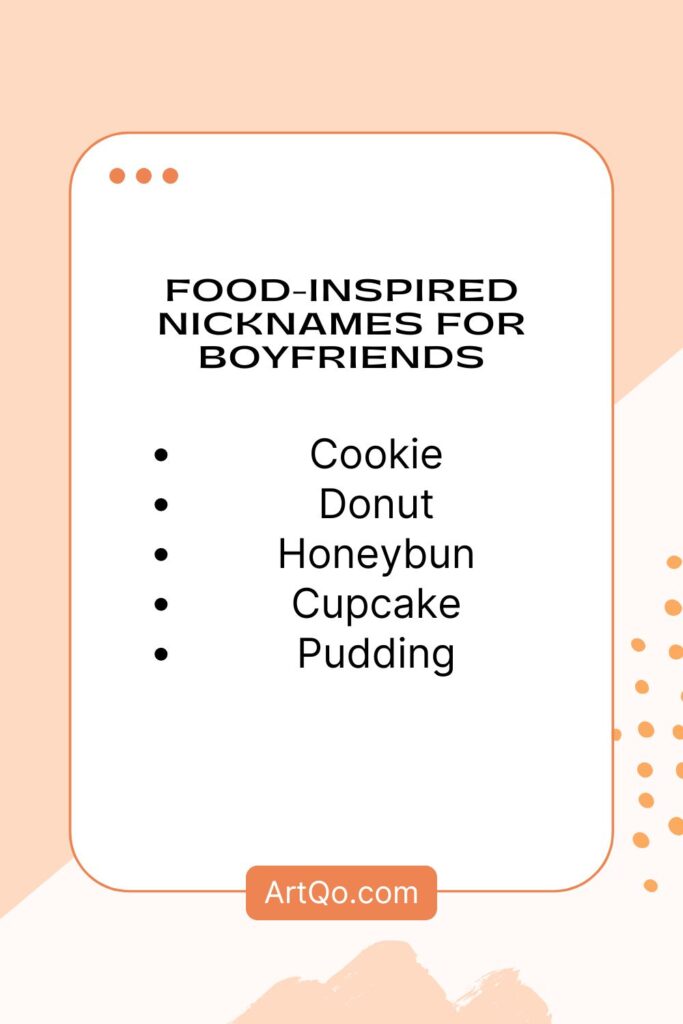 Text-based image featuring food-inspired nicknames for boyfriends: Cookie, Donut, Honeybun, Cupcake, Pudding. Light peach and white background.