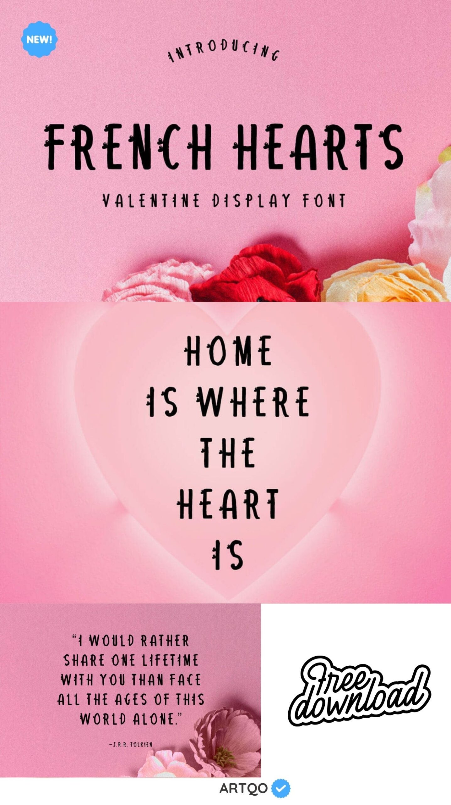 Pink background with bold black text introducing "French Hearts" Valentine font. Floral accents and quotes convey warmth and romance. Free download highlighted.
