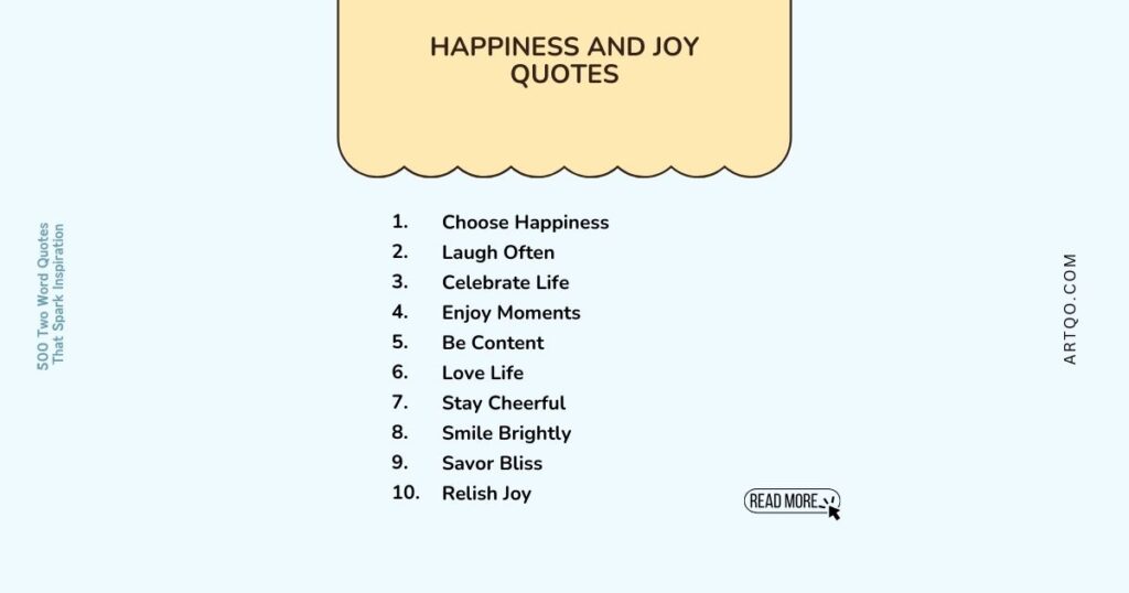 List of ten "Happiness and Joy Quotes" with phrases like "Choose Happiness" and "Laugh Often" on a light background; cheerful tone.