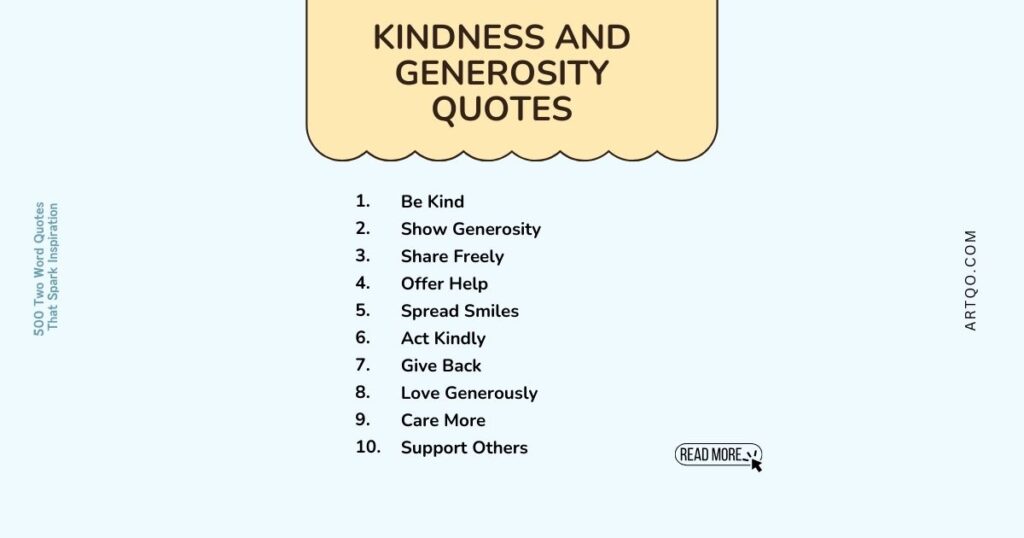 "List of ten kindness and generosity quotes on a light blue background. Quotes include 'Be Kind,' 'Show Generosity,' and 'Share Freely.' Uplifting tone."