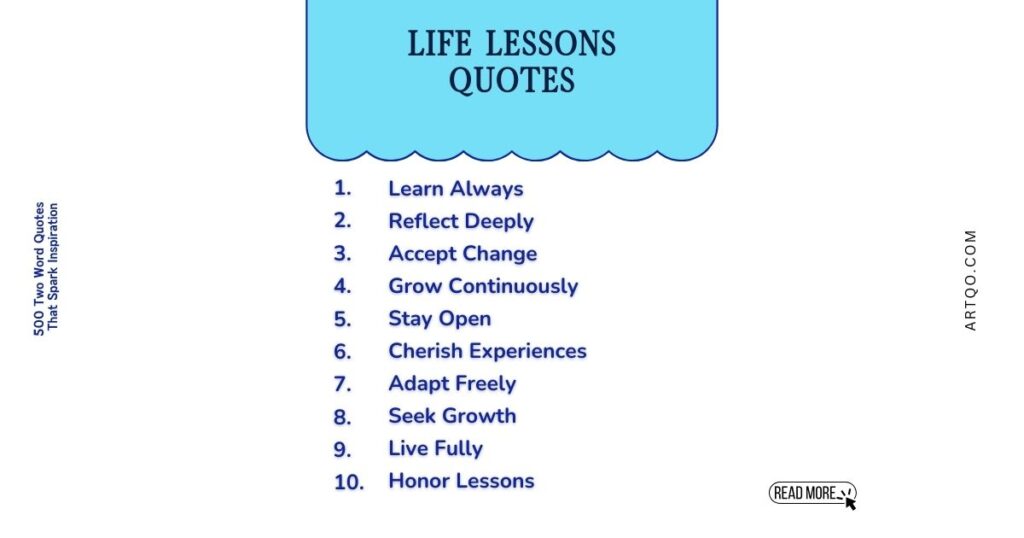 "Image titled 'Life Lessons Quotes' with a blue scalloped header. Ten numbered quotes encourage growth and adaptation. Simple design, motivational tone."