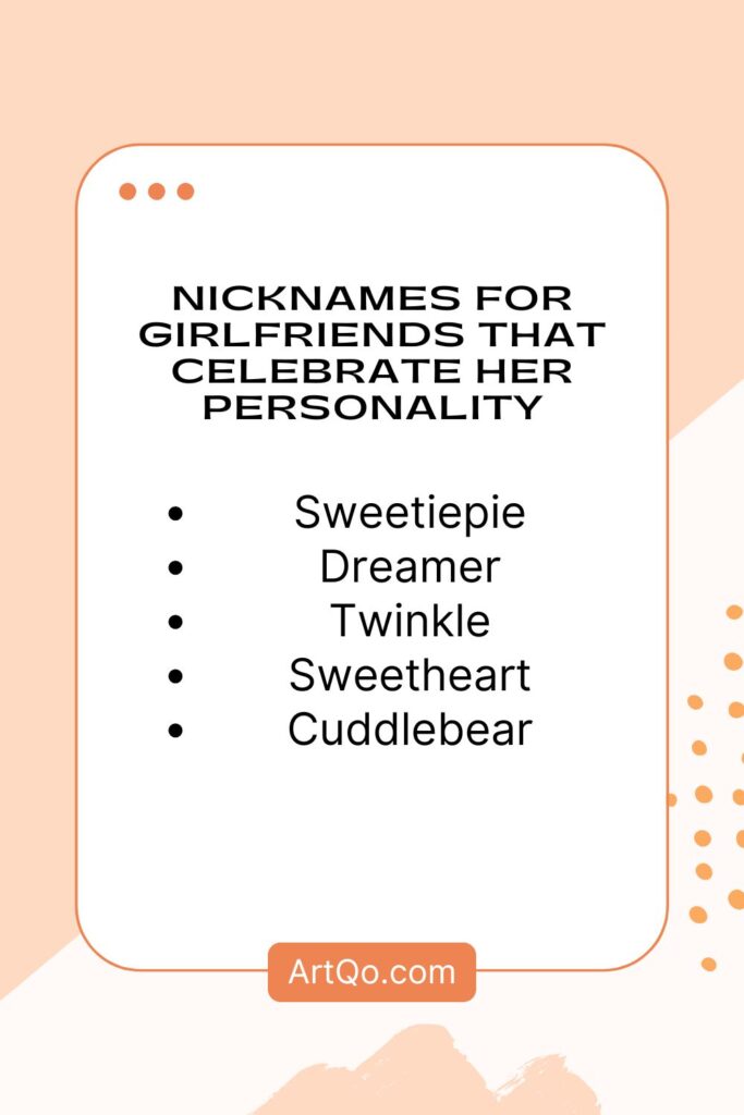 Alt text: "A cheerful card with pastel colors lists girlfriend nicknames: Sweetiepie, Dreamer, Twinkle, Sweetheart, Cuddlebear. ArtQo.com at the bottom."