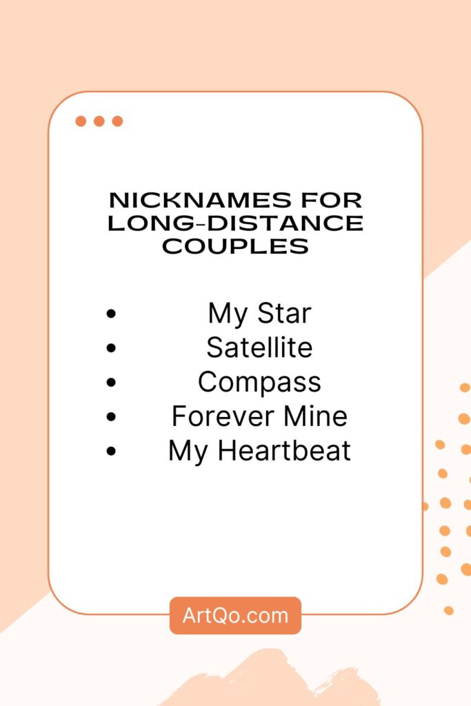 "Peach-themed graphic featuring a list titled 'Nicknames for Long-Distance Couples,' including 'My Star,' 'Satellite,' 'Compass,' 'Forever Mine,' and 'My Heartbeat.' At the bottom, a label reads 'ArtQo.com.'"