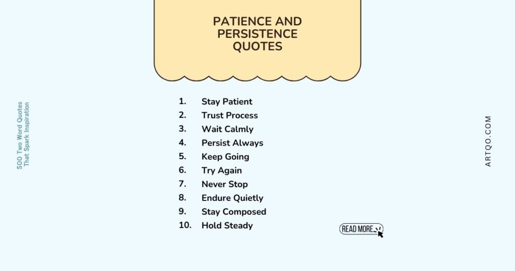 A list titled "Patience and Persistence Quotes" on a light blue background includes ten phrases like "Stay Patient" and "Persist Always." The tone is motivational.