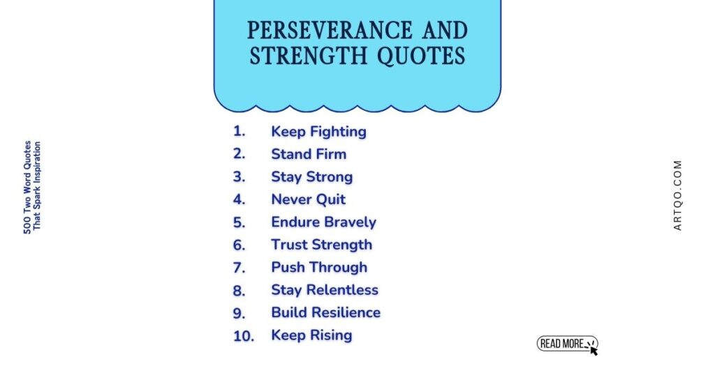 Blue header with "Perseverance and Strength Quotes." Below, a list of inspiring phrases like "Keep Fighting" and "Stay Strong" in blue text. Clean, motivational tone.