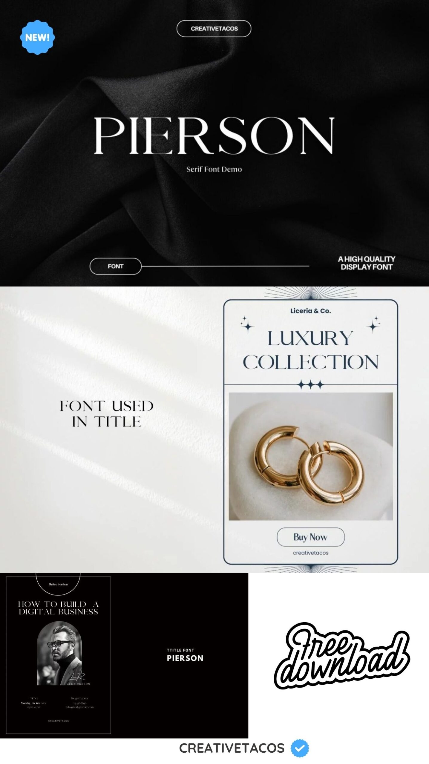 "Pierson Serif Font Demo advertisement on black fabric background, highlighting luxury and elegance. Includes jewelry ad and digital business seminar using the font. 'Free Download' sticker at the bottom."