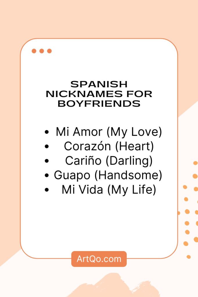 Text listing Spanish nicknames for boyfriends on a peach and white background. Includes: Mi Amor, Corazón, Cariño, Guapo, Mi Vida. Warm, romantic tone.