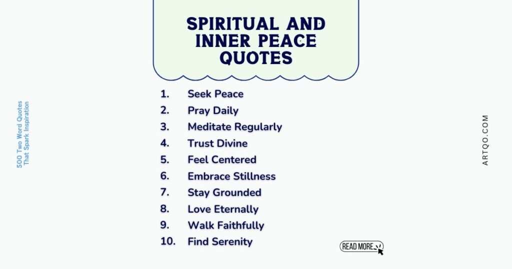 Ten spiritual and inner peace quotes are listed, titled in bold. Phrases like "Seek Peace" and "Embrace Stillness" convey calm and reflection.