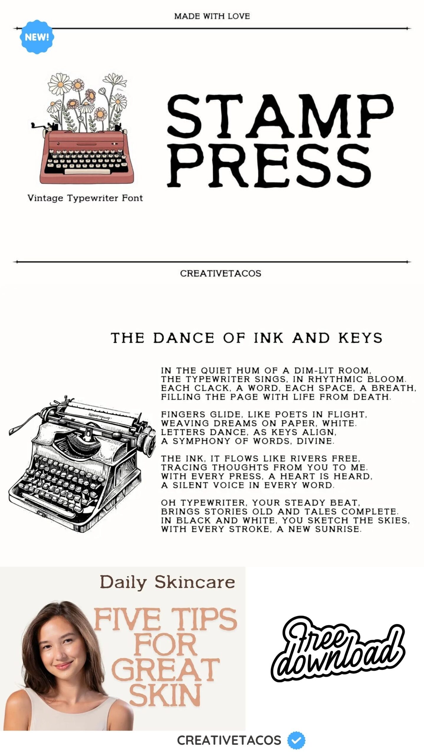 "Vintage typewriter font ad with daisies in typewriter, poem titled 'The Dance of Ink and Keys,' and a skincare tips section with a smiling woman."