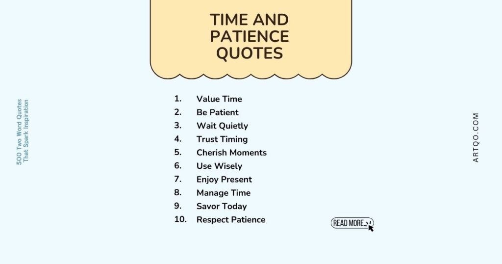 A light blue background displays a list titled "Time and Patience Quotes." Ten numbered quotes emphasize time management and patience. A "Read More" button is at the bottom right.