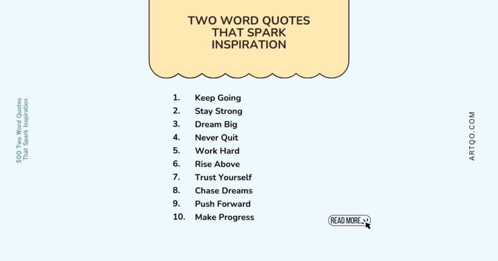 Yellow header with "Two Word Quotes That Spark Inspiration" above a list of motivational phrases on a light blue background. Text reads "ARTQQ.COM."