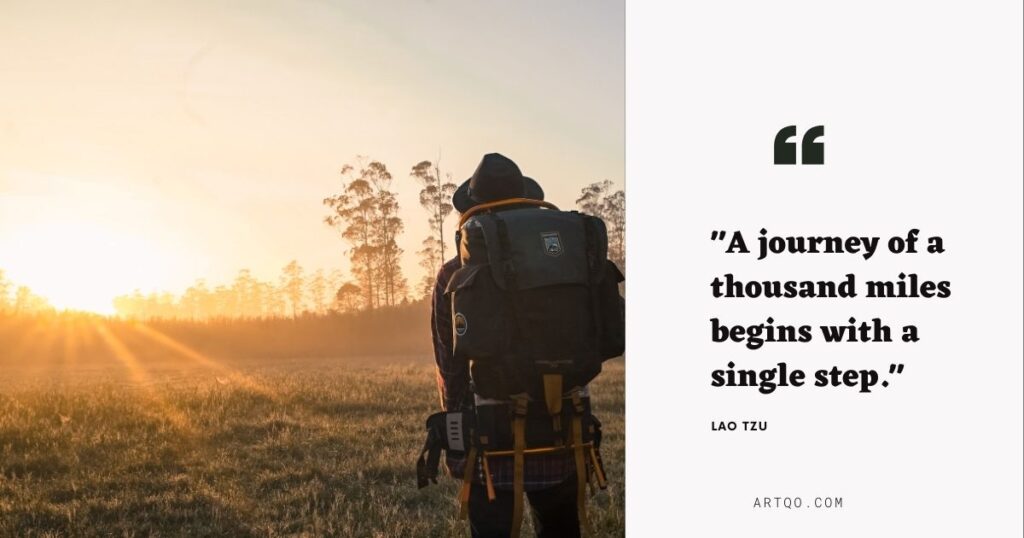 A person with a backpack stands in a sunlit field at dawn, symbolizing adventure. Quote reads, "A journey of a thousand miles begins with a single step." -Lao Tzu.
