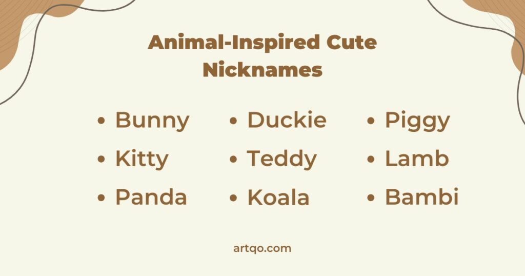Tan background with wavy patterns, featuring "Animal-Inspired Cute Nicknames" in bold. Lists: Bunny, Kitty, Panda, Duckie, Teddy, Koala, Piggy, Lamb, Bambi.