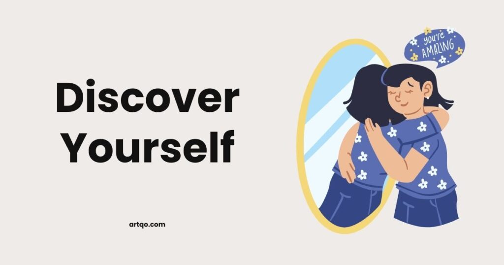 Illustration of a person hugging their reflection in a mirror, with a speech bubble saying "you're amazing." The text "Discover Yourself" is on the left.
