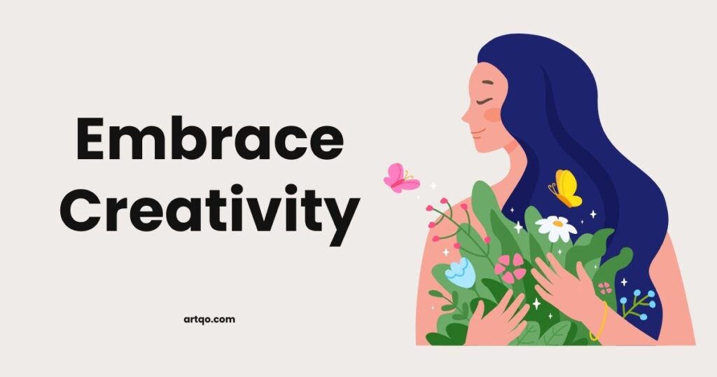 Illustration of a serene woman with long blue hair holding vibrant flowers. Colorful butterflies flutter around, evoking a sense of creativity and peace. Text reads, “Embrace Creativity.”