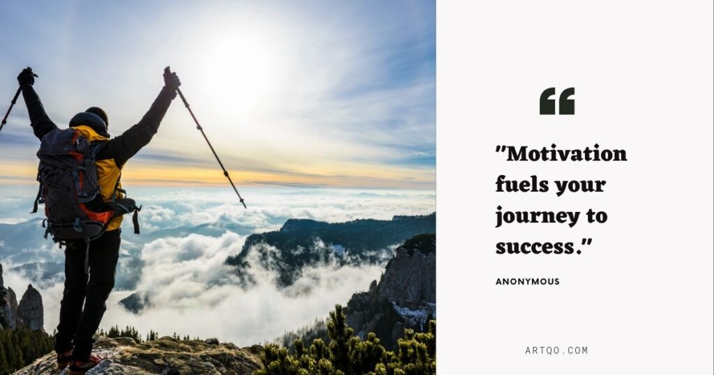 A hiker with raised arms stands triumphantly on a mountain, surrounded by clouds and a sunrise. Adjacent text reads, "Motivation fuels your journey to success."