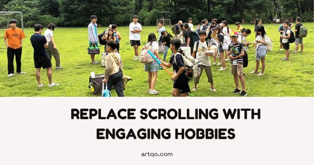 A group of children play with toys on a green field, surrounded by trees, conveying joy and community. Text below reads, “Replace scrolling with engaging hobbies.”