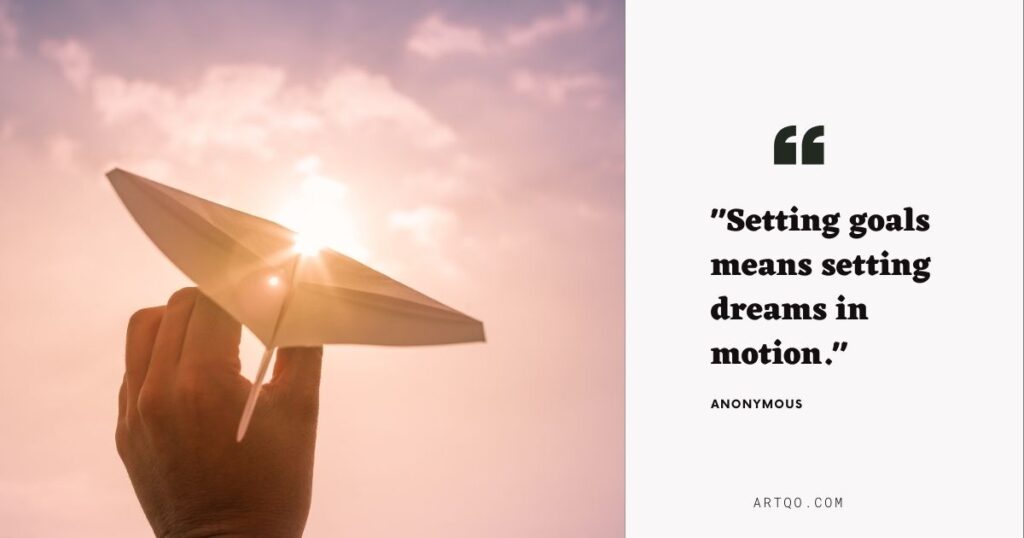 A hand launches a paper airplane towards the sun, symbolizing aspirations. The warm glow creates an uplifting tone. Quote reads: "Setting goals means setting dreams in motion."