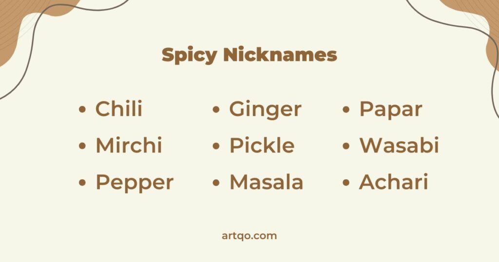 Text on a beige background reads "Spicy Nicknames" with a list: Chili, Mirchi, Pepper, Ginger, Pickle, Masala, Papar, Wasabi, Achari. Decorative brown corners.
