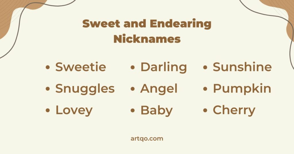 "List of sweet and endearing nicknames on a beige background with decorative corners. Includes Sweetie, Darling, Sunshine, and more. Artqo.com at bottom."