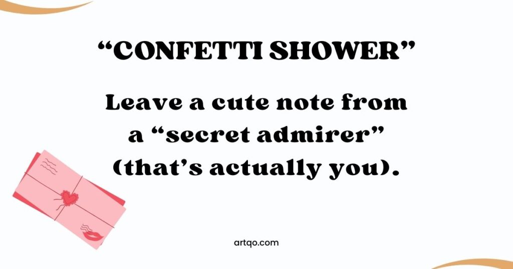 "Text reads 'Confetti Shower: Leave a cute note from a secret admirer (that's actually you).' An illustration of a pink envelope with a heart and lips is on the left. The tone is playful and romantic."
